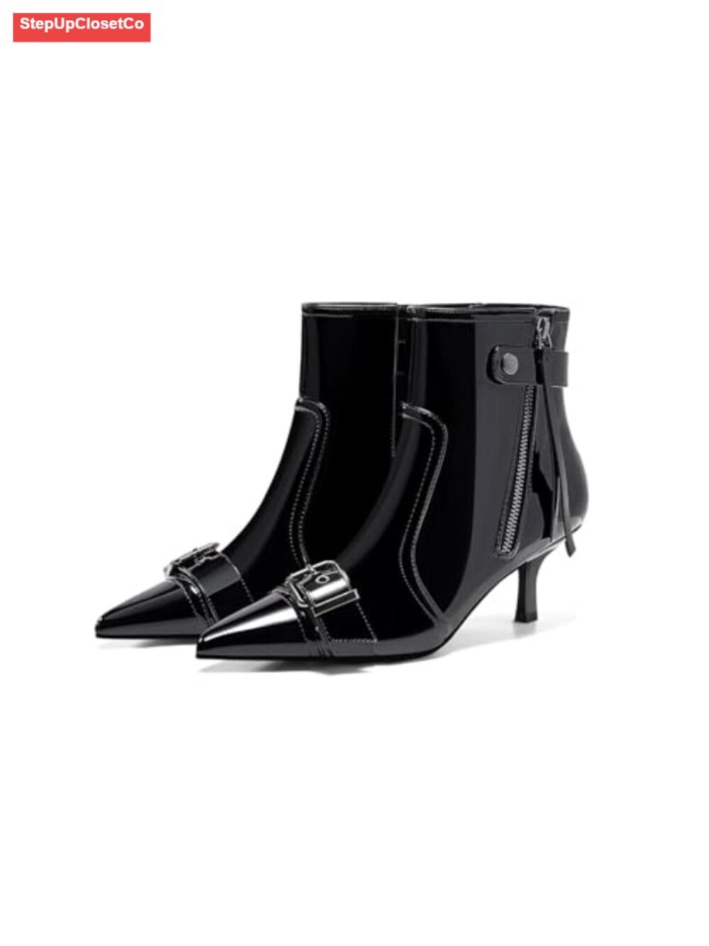 Kitten Heel Ankle Boots Pointed Toe Buckle Side Zipper Tassel Fall Winter